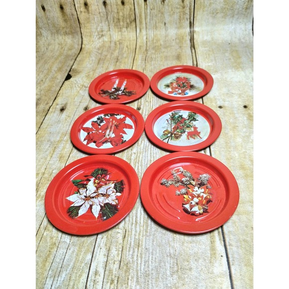 Vtg Christmas Metal Coaster Set of 6 Raindeer Holly Pionsettia (cb5) - Picture 6 of 6